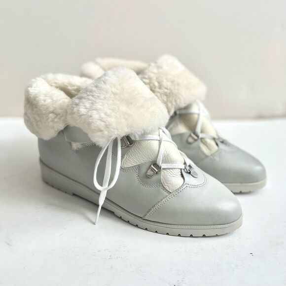 La Canadienne Wedge Heel Boots Pale Dove Gray White Leather Shearling Size 7 - Picture 3 of 13